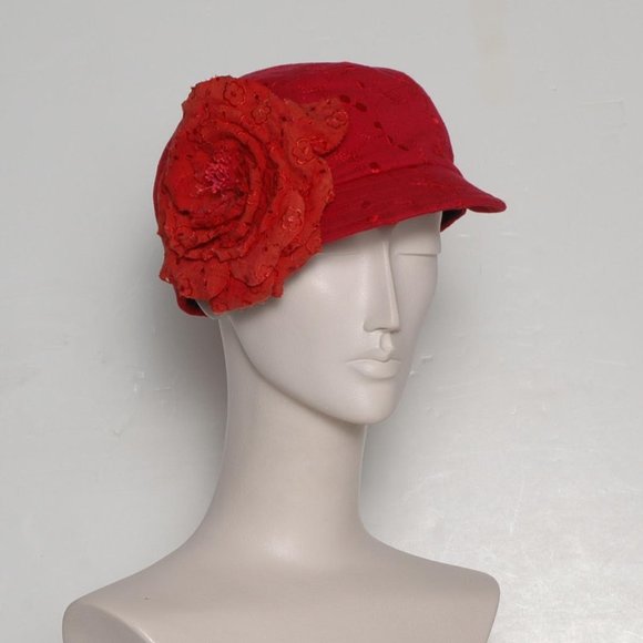 Red Floral Eyelet Cap